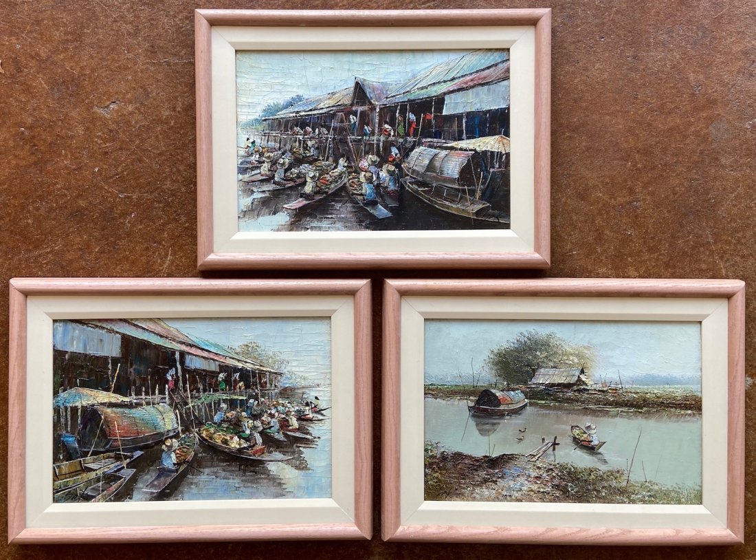 3 Vietnamese Impressionist Paintings Illegibl Signture: Oil on canvas .8x 12 in, canvas, 15 1/2 x 11 in. (framed).