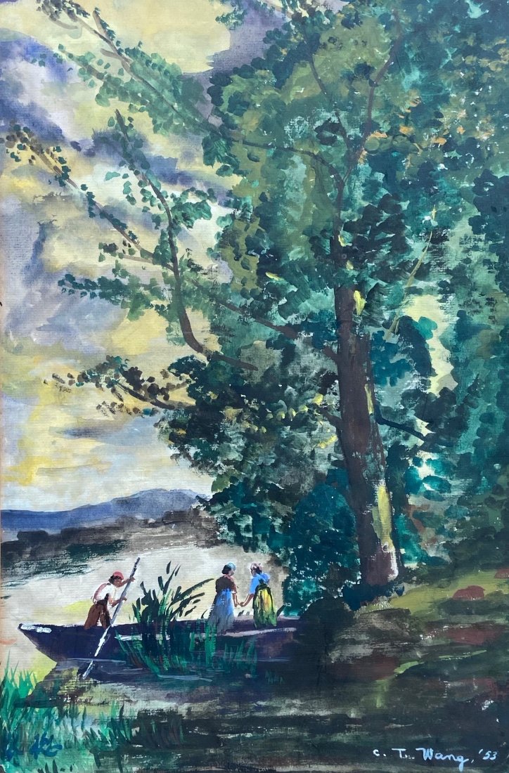 CT WANG, Mid-Century Watercolor, Lake Scene: Watercolor on paper 17 3/4 x 11 3/4 in., 22 3/4 x 16 3/4 in. (framed)