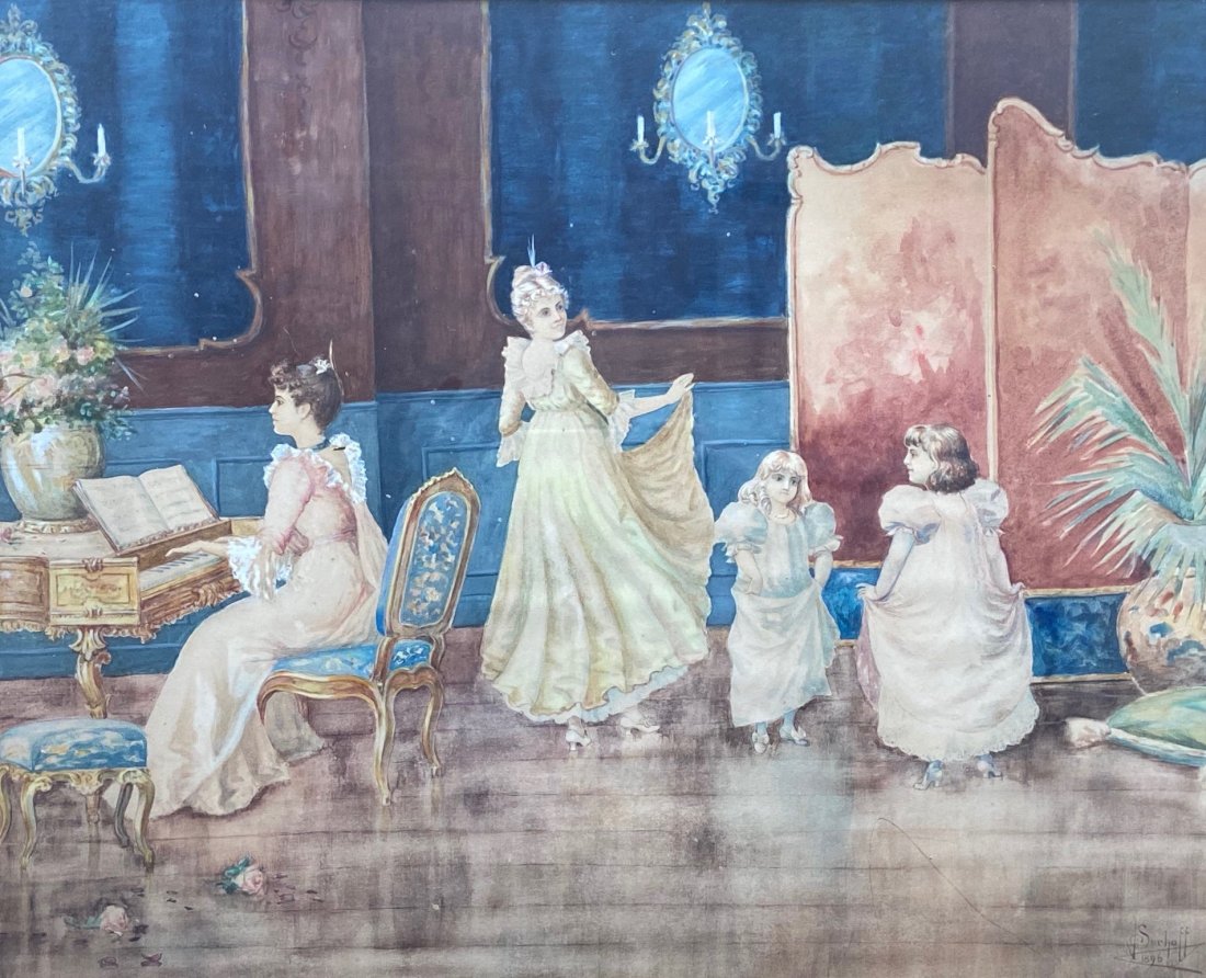 JOHN SURHOFF (1868-1935 American) Playing The Piano: Watercolor on paper 20 1/2 x 16 in. (sight), 26 x 22 in. (framed)
