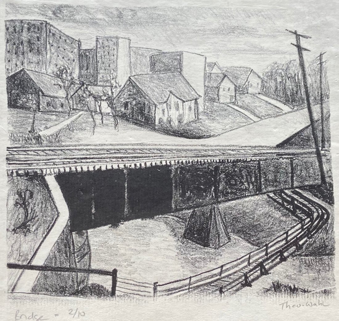 THEODORE WAHL (1903-1990, NJ) Bridge, WPA: Lithograph on paper 6 1/4 x 5 1/2 in. (image), 9 3/4 x 8 in. (paper)