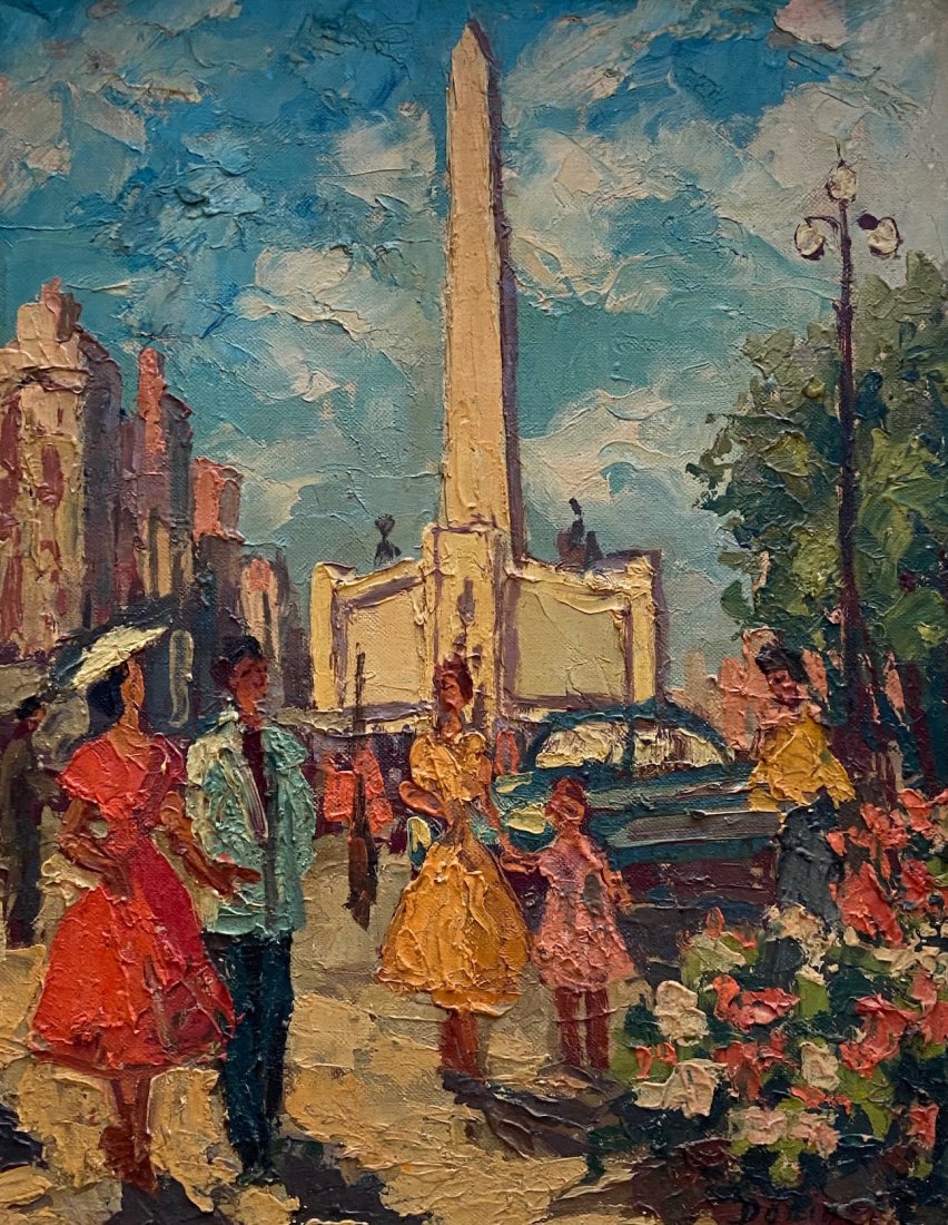 Impressionist Street Scene, Illegible Signature: Oil on board 14 x 11 in., 22 x 19 in. (framed).