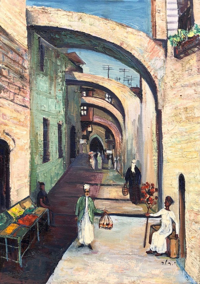 JOEL ROHR (20th c, Israeli American) Old City: Oil on canvas 17 1/2 x 12 1/2 in., 19 x 14 in. The following is a biography from joelrohr.com: Yoel (aka Joel) Rohr was born in Lwow, Poland, on September 13, 1912, and died in California in 1998. He