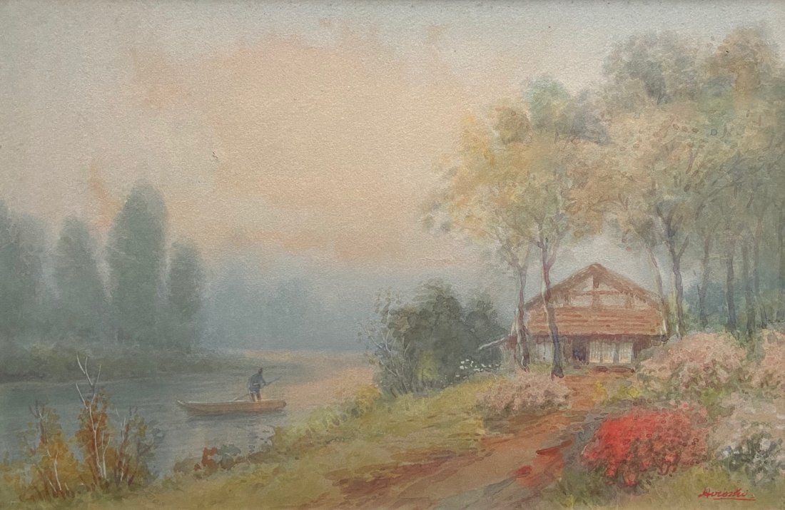 Japanese impressionist Landscape, Signed Hiroshi: Watercolor on paper 20 x 13 1/2 in., 23 1/2 x 17 in. (framed)