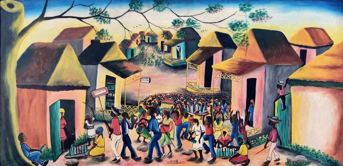 Large Haitian Village Painting Signed Andre: Oil on masonite. 47 1/2 x 24 in. (masonite), 52 1/2 x 28 1/2 in. (framed).