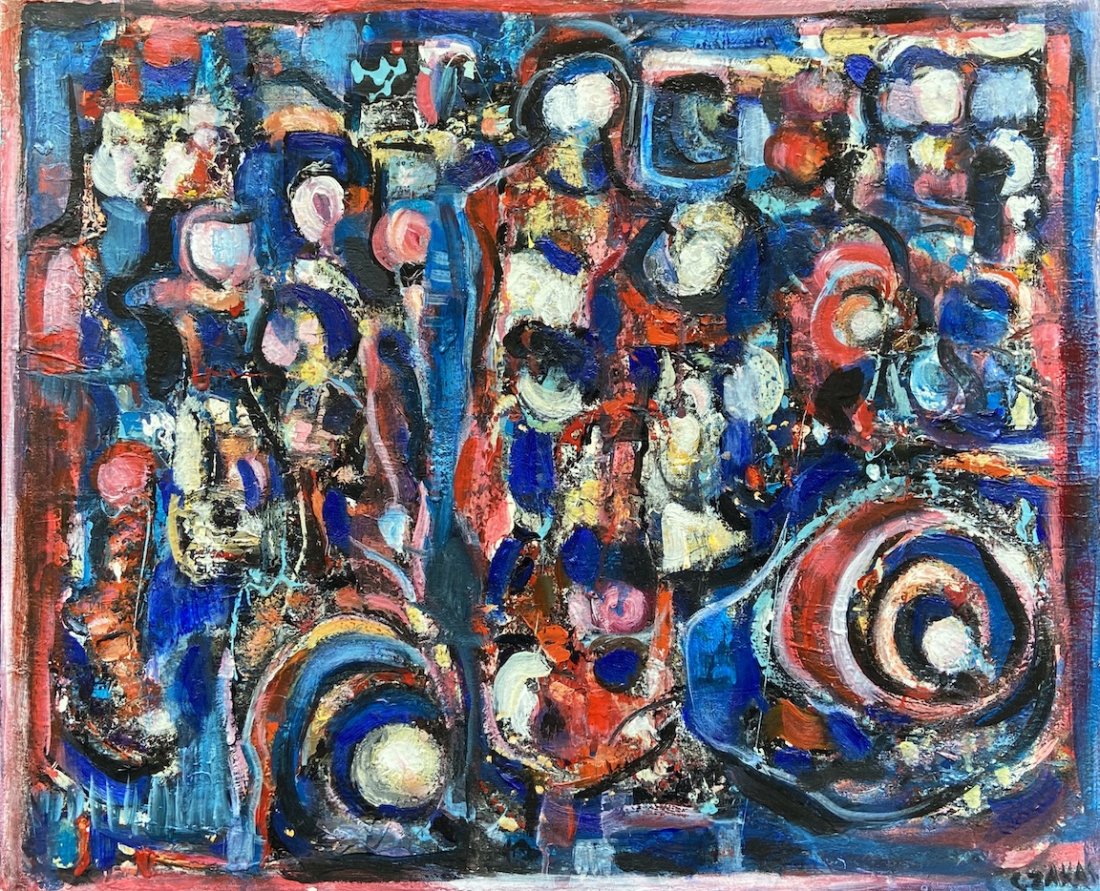 CATHERINE ZAKAS (b. 1936, Greece) Wheels Of Fortune: Oil on canvas 24 x 20 in., 26 1/4 x 22 in. (framed). From the estate of Eli Jacobs, the former owner of the Baltimore Orioles.