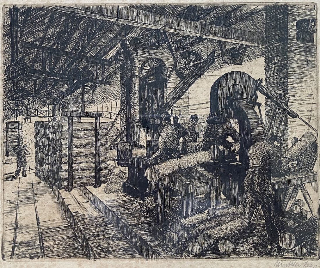 WPA Etching, Industrial Wood Mill Scene, Signed (1 of 5)