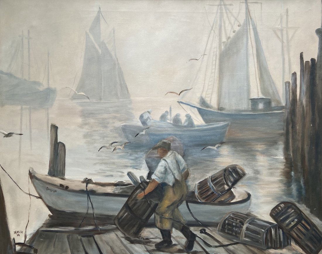 20th c American Harbor Scene Of Dock Workers, Signed (1 of 4)