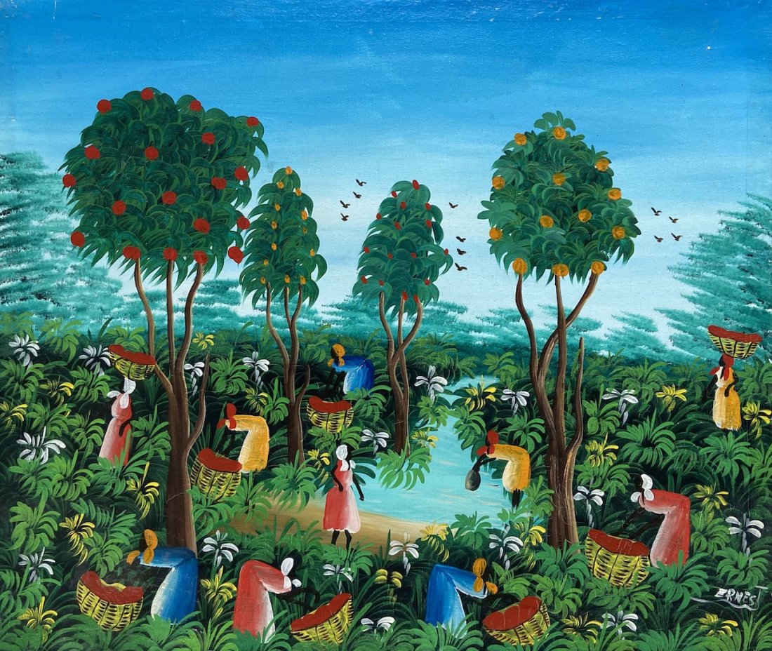 Naive Haitian Scene Of Women Working, Signed: Oil on canvas 24 x 20 in