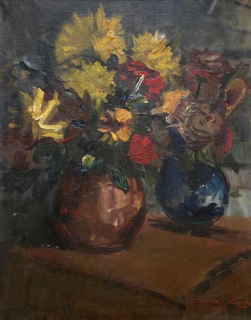 Impressionist Floral Still Life, Illegible Signature: Oil on canvas dated 1958. Signed lower right. Possibly European. 27 x 21 1/2 in., 29 1/2 x 24 in. (framed)