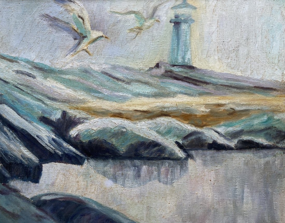 Impressionist Coastal Landscape, Seagulls & Lighthouse: Appears unsigned. Oil in canvas 20 x 16 in., 27 1/4 x 23 1/4 in. (framed)