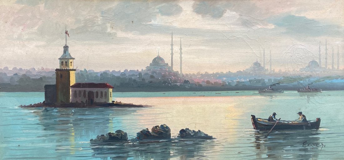 Orientalist View Of Istanbul, Illegible Signature: Oil on canvas 30 1/2 x 15 1/2 in., 34 1/2 x 19 in. (framed)
