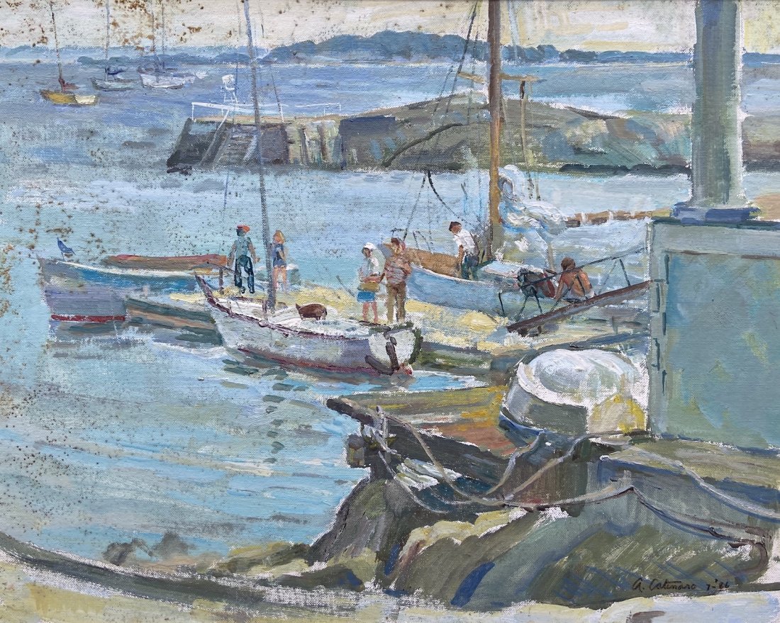 ARMAND CATENARO (20th c, New York) Harbor Scene: Oil on board 16 x 20 in., 21 x 15 in. Possibly a Hamptons scene.