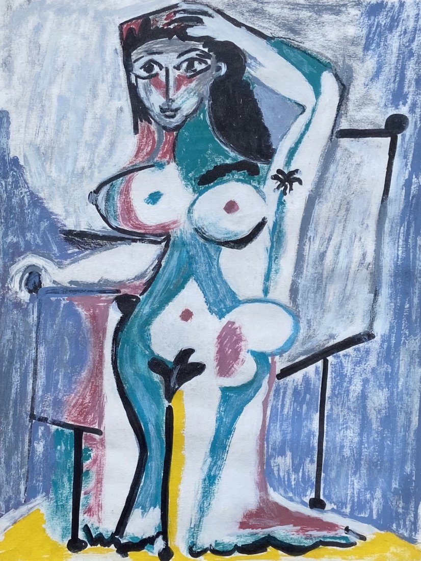 Modern Cubist Mixed Media, NYC Gallery Tag Verso: Mixed media on paper. 10 x 7 1/2 in., 22 x 20 in. (framed). Appears to be oil and marker? Newmark, New York gallery tag on the back. Unsigned. Similar in style to Picasso.