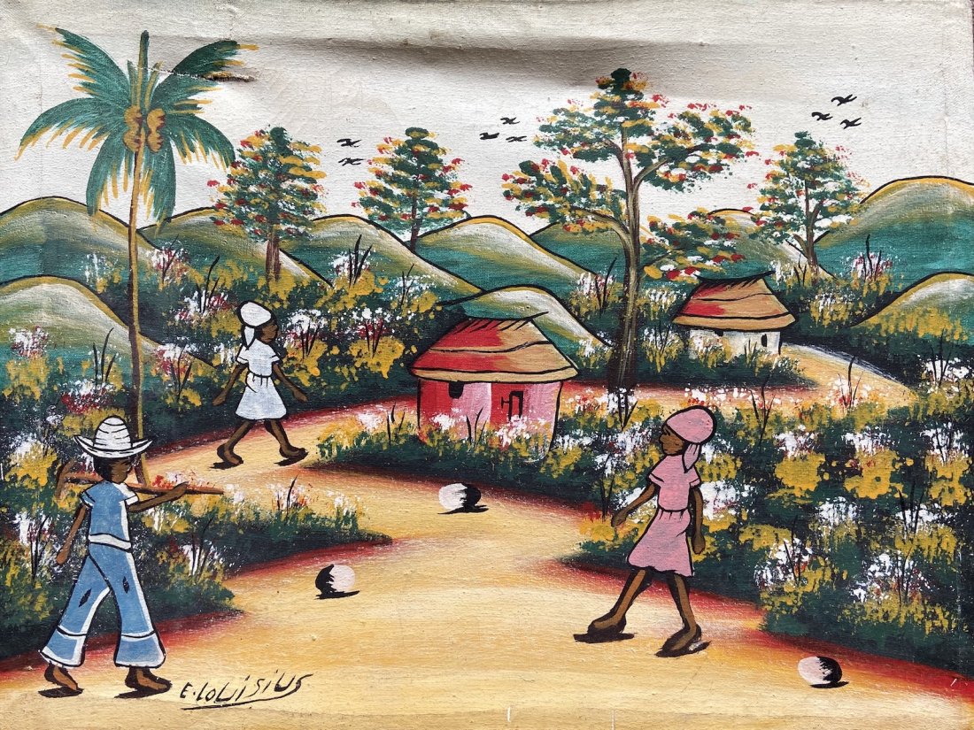 Naive Haitian Village Painting, Signed: Oil on canvas 16 x 12 in.