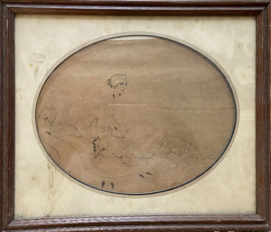 Louis Icart Etching, Reclining Woman: 9 1/2 x 7 1/2 in. (oval).