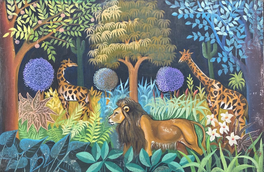 Naive Haitian Jungle Painting, Signed & Dated 1979: 30 x 20 in.