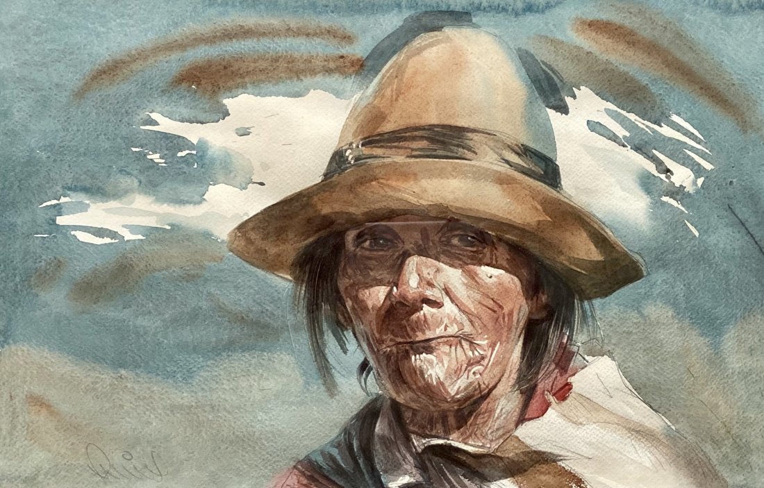 South American Watercolor Portrait, Signed: Watercolor on paper 19 1/4 x 12 1/2 in. (sight)., 28 1/4 x 21 1/4 in. (framed). Possible Peruvian