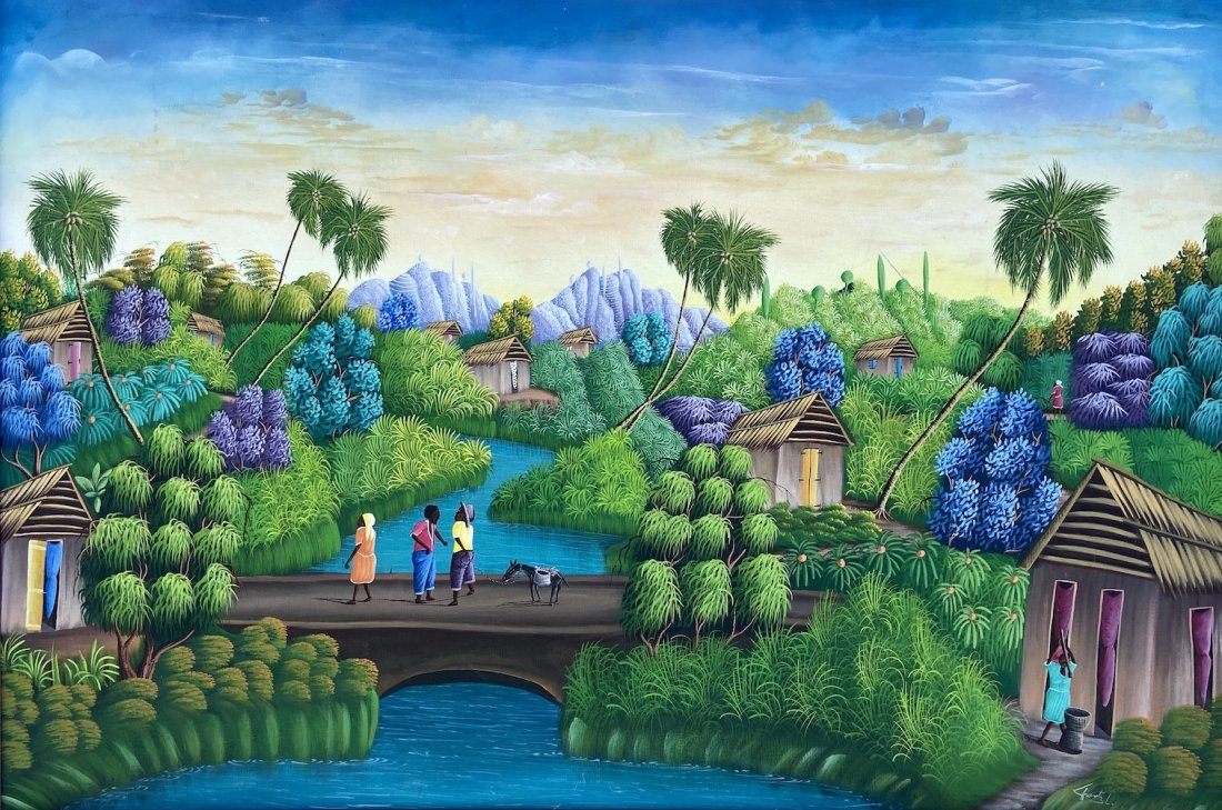 Large Naive Haitian Landscape Signed Frantz: Oil on canvas 36 x 24 in., 39 x 27 in. (framed)