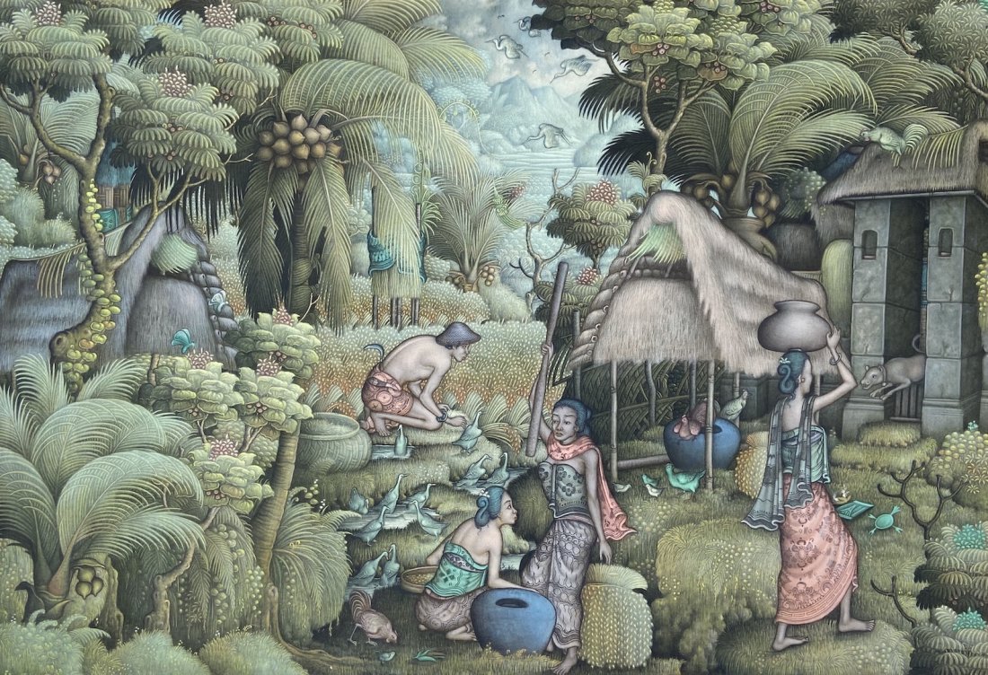 Bali Indonesia Village Scene, Signed Verso: Oil on canvas 38 x 27 in., 40 x 28 in. (framed)