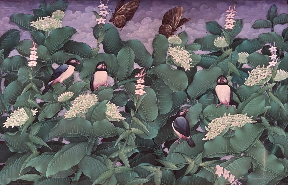 Naive Indonesian Painting Of Birds, Signed: Oil on canvas 45 x 29 in., 46 1/2 x 31 in. (framed)