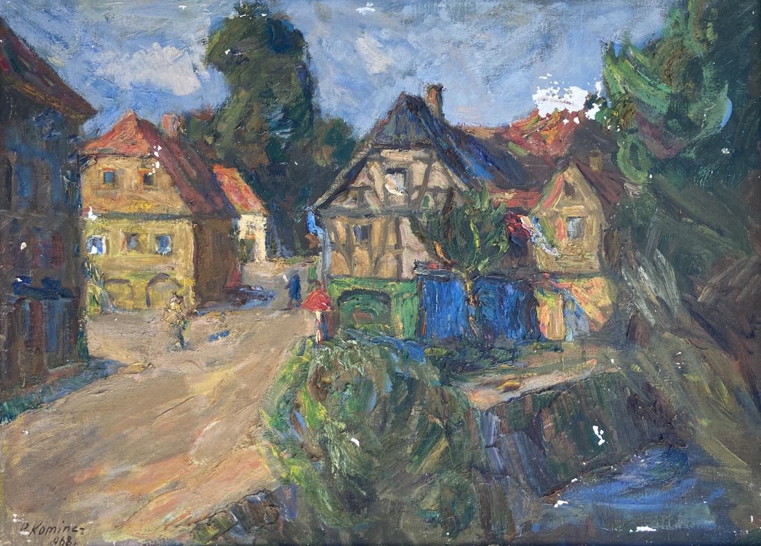 PIOTR KOMINCZ (b.1927, Poland) Village Scene: Oil on canvas 26 1/2 x 19 1/2 in., 30 x 23 in. (framed)
