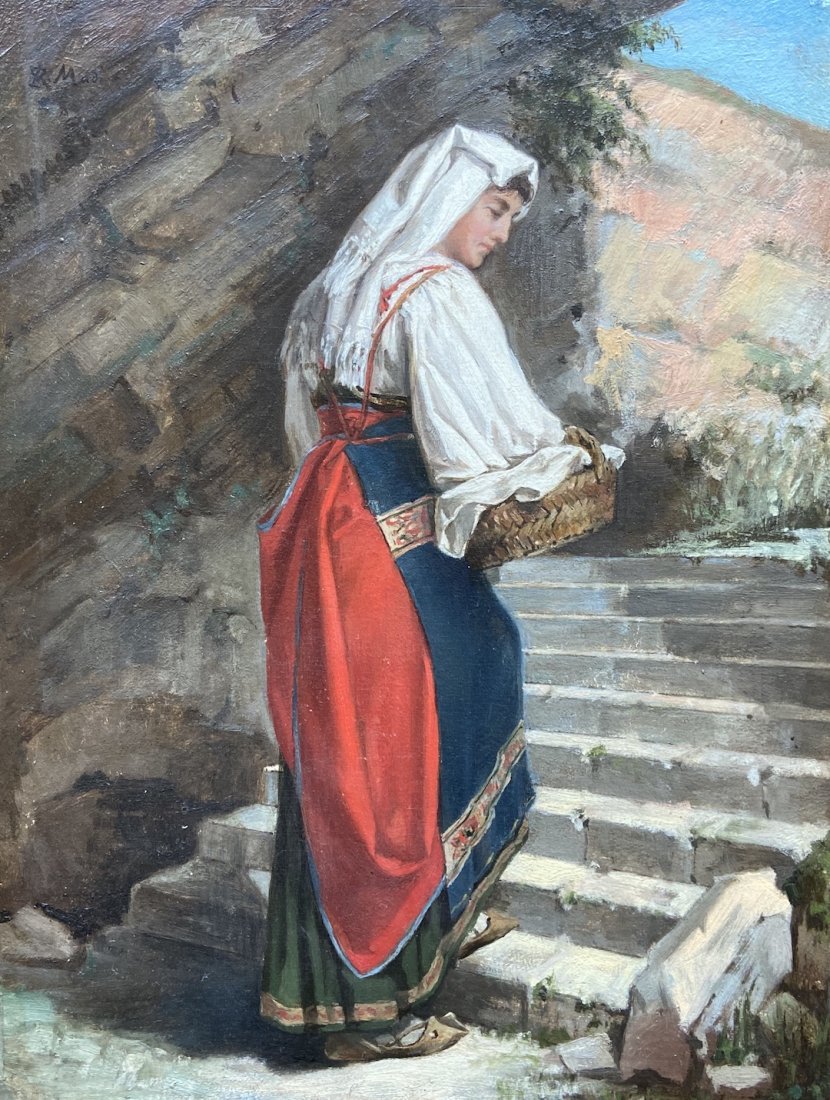 19th Century Impressionist Italian Woman, Signed: Oil on wood panel 15 x 11 1/4 in.