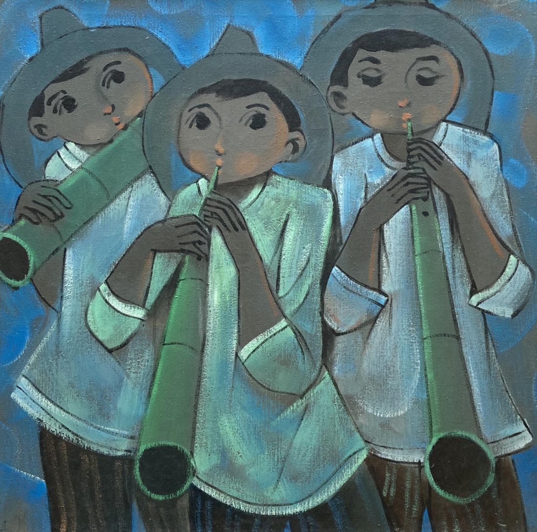 ROGER SAN MIGUEL (b. 1941, Philippines) Musicians: Oil on canvas 24 x 24 in., 28 x 28in. (framed). Figurative expressionist. Painted the human figure in curvilinear shapes and forms with earth colors and hues that caused movement and life through prog