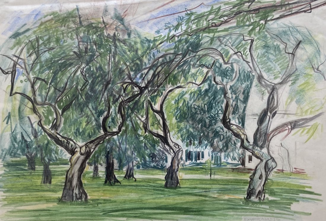 KATHERINE LANGHORNE ADAMS (WPA, 1885-1977) Apple Trees: Pastel on paper 15 1/2 x 10 1/4 in. (sight), 20 1/4 x 15 1/4 in. (framed)
