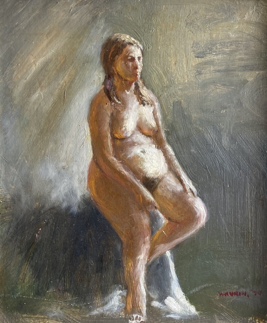 American Impressionist Seated Nude, Signed: Oil on board 16 x 13 1/2 in.,24 x 20 in. (framed)