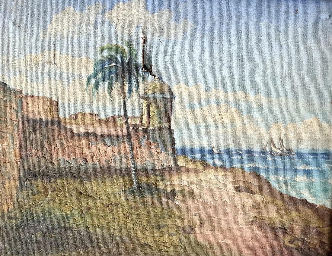 Impressionist Island Scene, Illegible Signature: Oil on canvas 14 1/4 x xx in., 19 1/2 x 16 1/2 in. (framed)