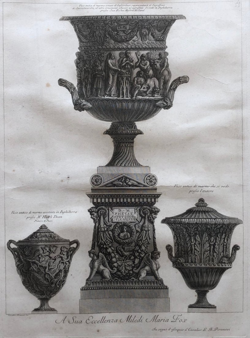 GIOVANNI BATTISTA PIRANESI (1720-1778) URNS: Engraving. 21 x 15 in. (plate), 36 x 28 1/2 in. (framed). Giovanni Battista Piranesi (1720-1778)He was a major Italian printmaker, architect and antiquarian. The son of a Venetian master builder, he s