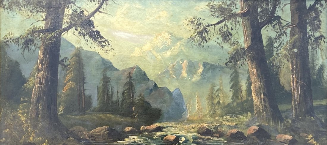 JOHN AUBREY SPEER (1895-1955, Colorado) Landscape: 12 1/4 x 26 1/4 in. 18 x 32 in. (framed). Oil on panel. The following is from Rusty Morse:John Aubrey Speer was born in Denver June 30, 1895 and died February 2, 1955 and was buried in Mt. Olivet Ceme