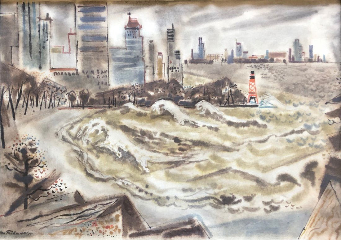 JOHN RICHARDSON (1906-1998, Tennessee) Modernist: Modernist cityscape. Watercolor on paper 30 x 22 in. (framed). Preferring watercolor to oil, John Richardson had a long career painting landscapes in many styles and mediums and in many places from Te