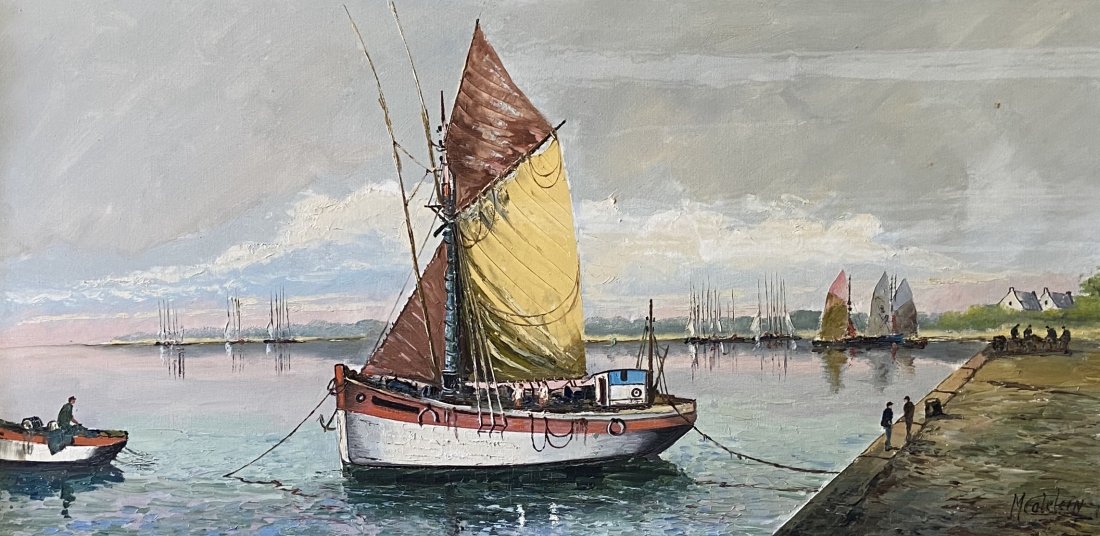 Large Impressionist European Harbor Scene, Signed: Oil on canvas 39 1/2 x 20 in., 45 x 25 in.