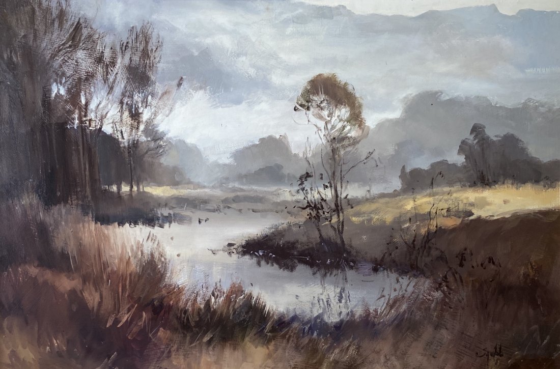 RUTH AUDREY SQUIBB (b.1928, South Africa) Landscape: Oil on masonite 36 x 24 in., 46 x 34 in. (framed).