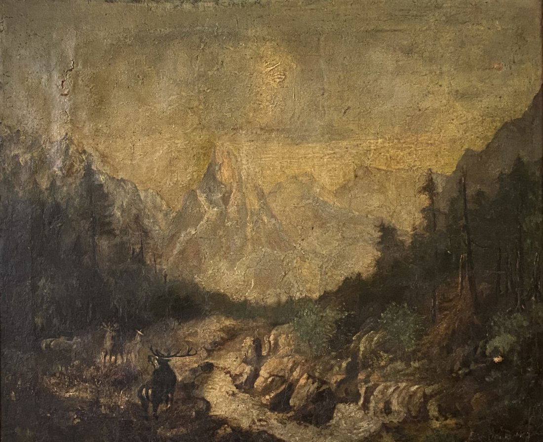 19th Century American Western Landscape w/ Elk, Signed (1 of 4)