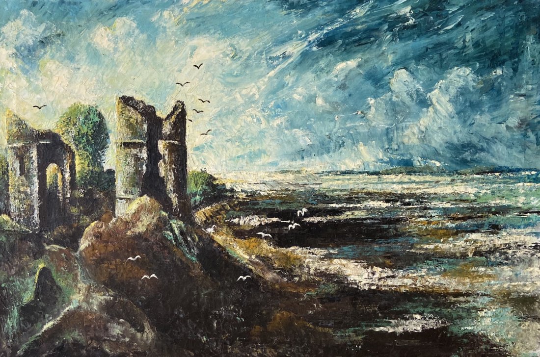 American Impressionist Coastal Landscape w/ Ruins: Appears unsigned. Oil on canvas 26 x 24 in