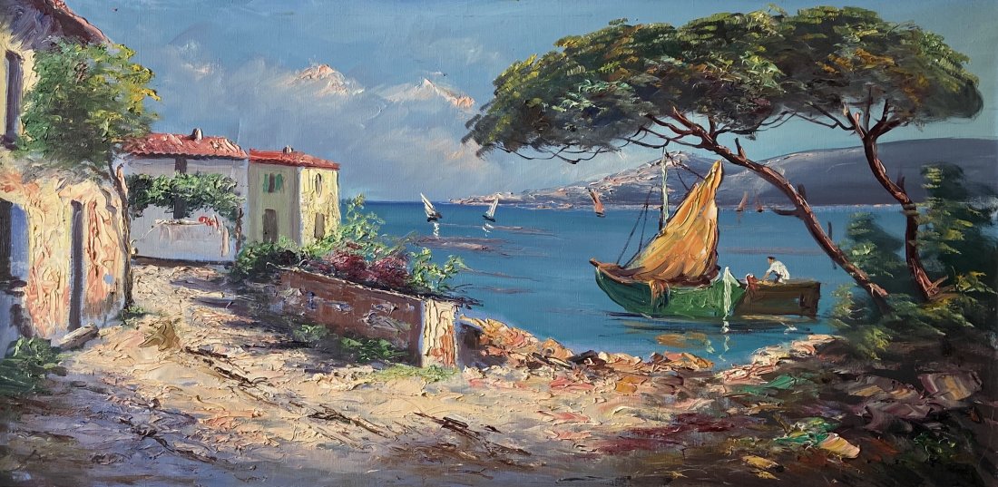 Large Impressionist Mediterranean Coastal Landscape: Oil on canvas 39 1/2 x 19 1/2 in., 43 x 23 in. (framed)