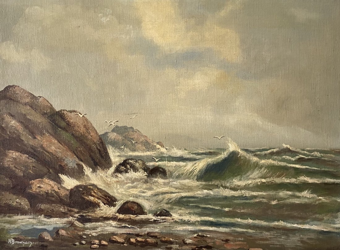 HARVEY BROWNSON (20th c, American) Costal Scene: Oil on masonite 30 x 22 in., 35 1/2 x 27 1/2 in.