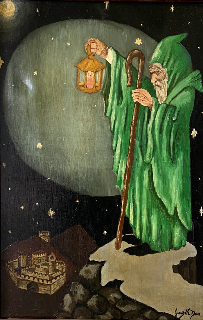 Fantasy Scene Of A Wizard, Signed & Dated 1974: Oil on canvas 23 1/2 x 15 1/2 in. (canvas), 26 x 18 in. (canvas)
