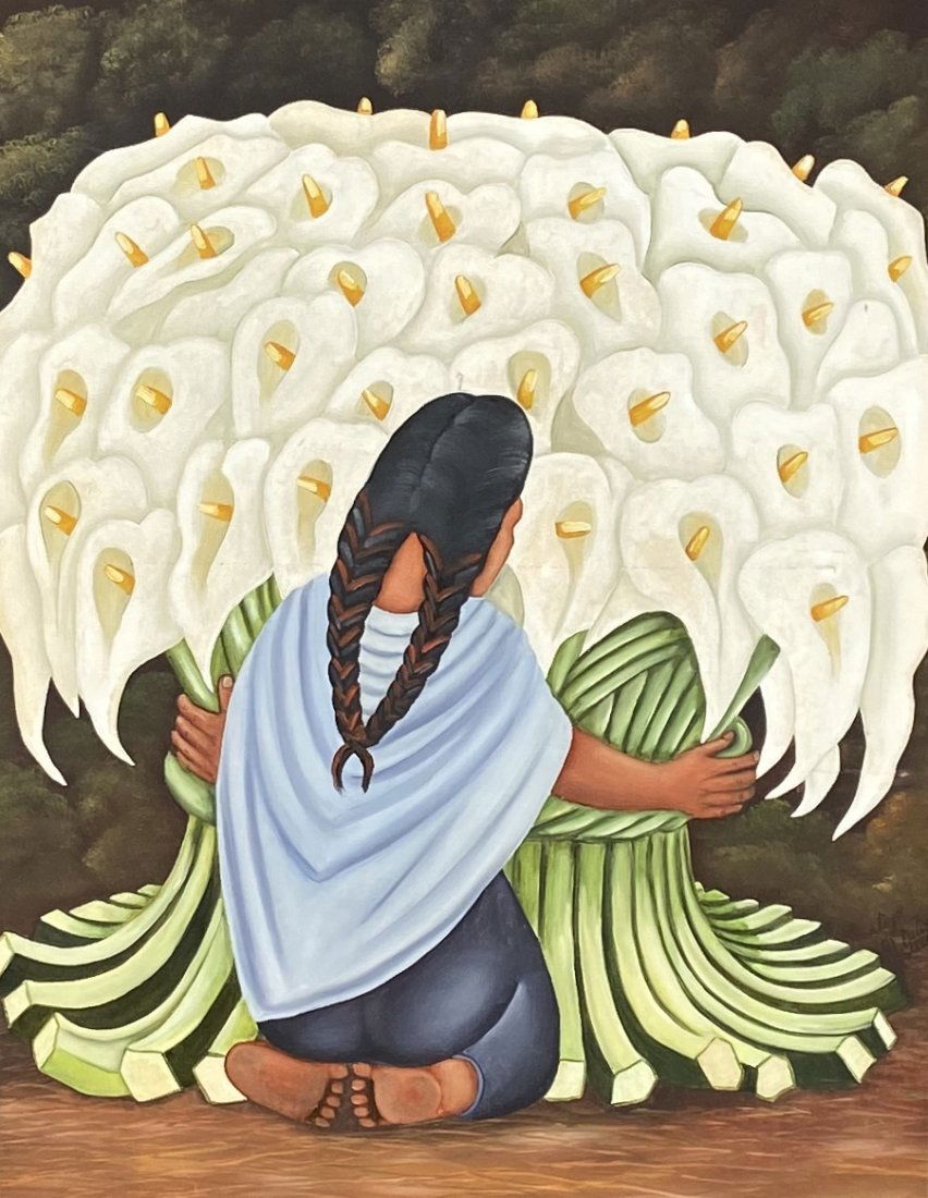 After Diego Rivera, Mexican Modernist Painting: Nicely framed in heavy wood frame. Looks like the style of or after Mexican artist Diego Rivera. Oil on canvas 31 1/2 x 23 1/2 in., 43 x 35 in. (framed)