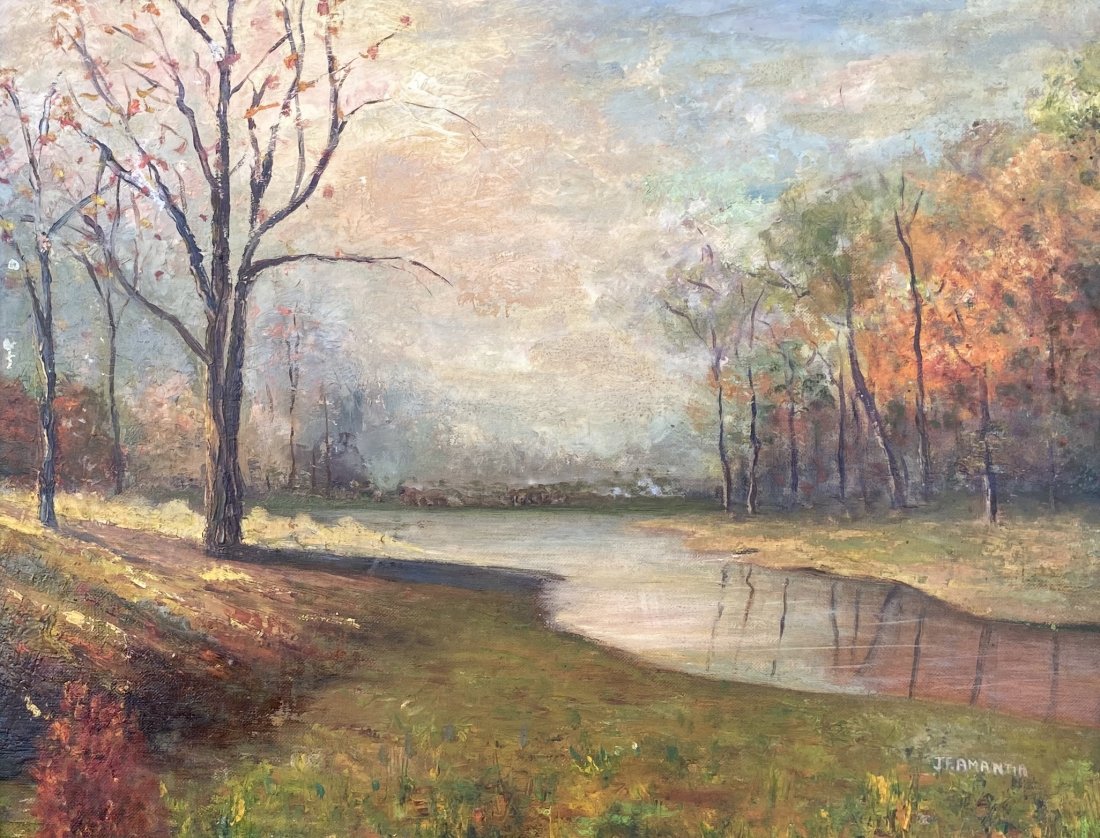 American Impressionist Autumn Landscape, Signed: Oil on board 14 x 18 in.