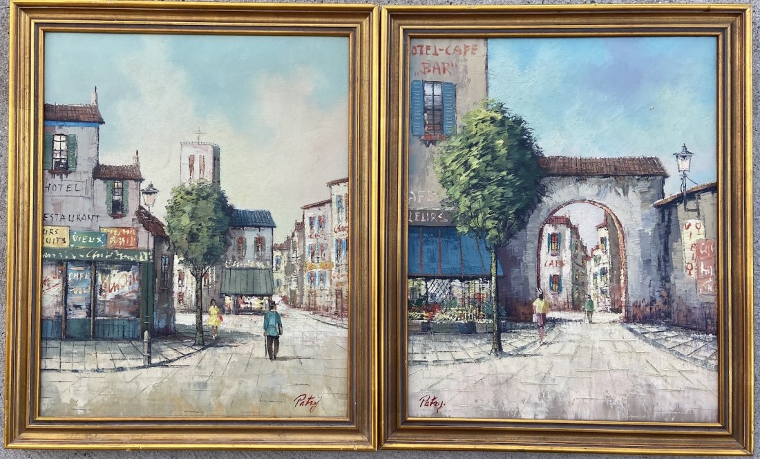 Pair Of French Paris Street Scenes Signed Patry: Oil on canvas 20 x 16 in., 22 1/2 x 18 1/2 in. (framed)