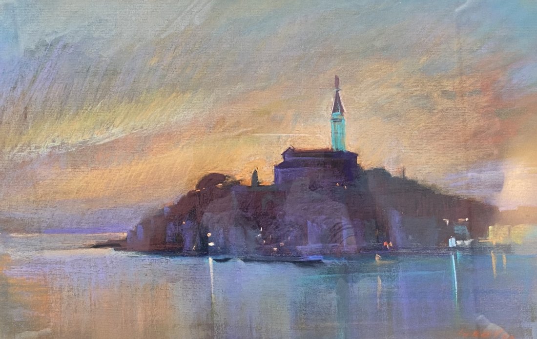 Impressionist Tonalist View Of "Star Grad" Croatia: Signed. Pastel on paper 19 1/4 x 12 1/4 in., 24 x 17 in. (framed)