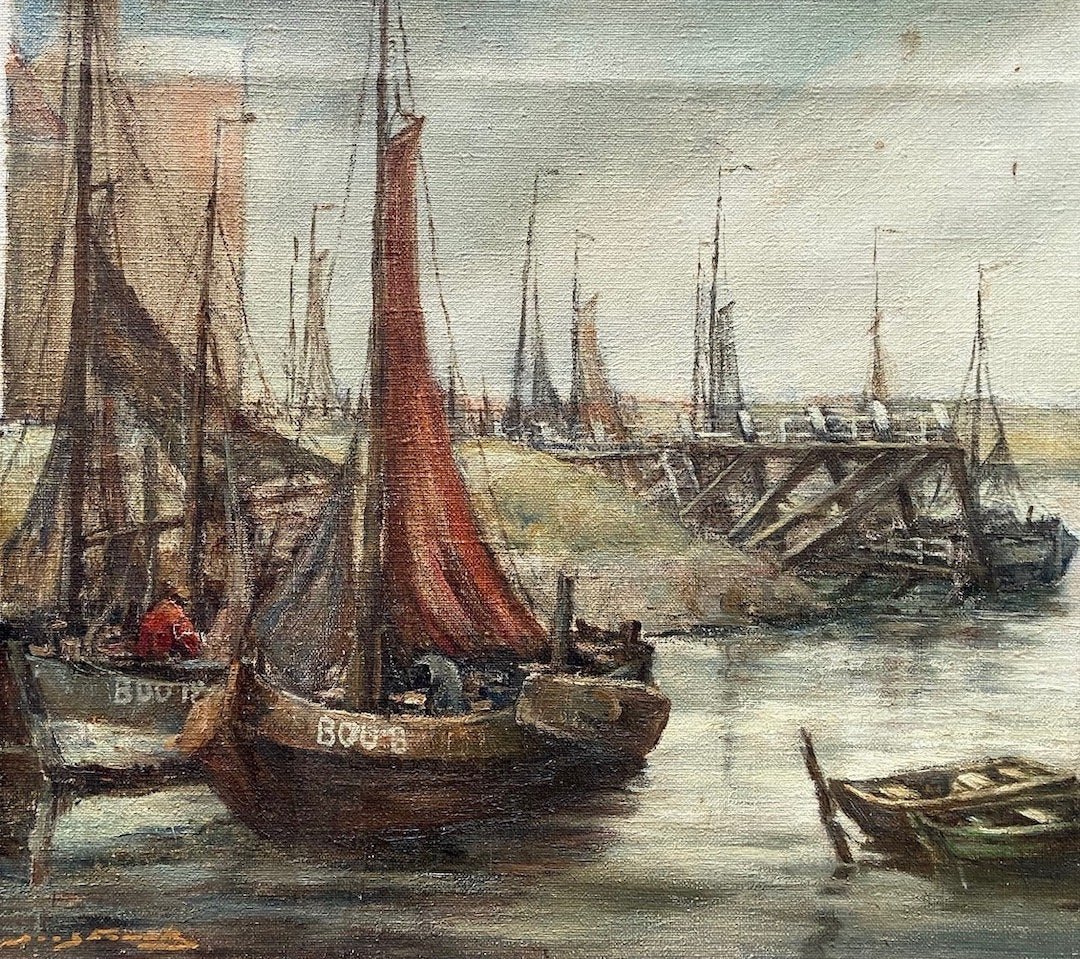 Impressionist Harbor Scene Of Boats Illegible Signature: Oil on canvas 17 3/4 x 15 3/4 in. Sailboats docked in harbor