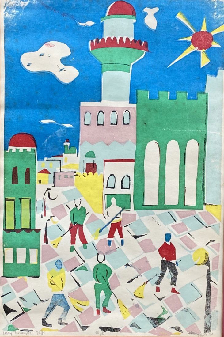 NACHUM GUTMAN (Israel 1898-1990) Jaffa, Woodblock: 22 x 15 in. (image), 29 x 21 in. (framed). He was an Israeli painter, illustrator, sculptor and author, who became a pioneer of a style based on modern life in Israel and opposed to the old school of