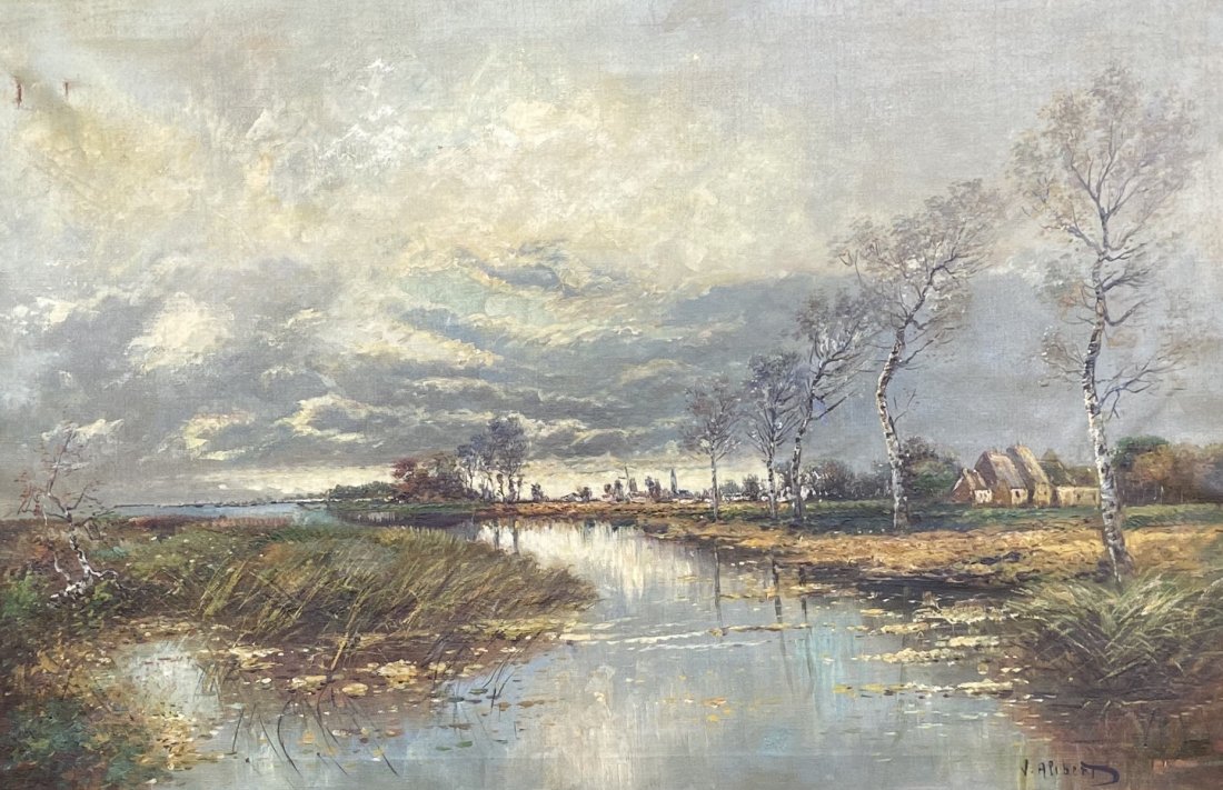 "In The Moors Of Mecklenbergh" German Landscape Signed: Oil on canvas 36 x 24 in., 41 1/2 x 29 1/2 in. (framed)