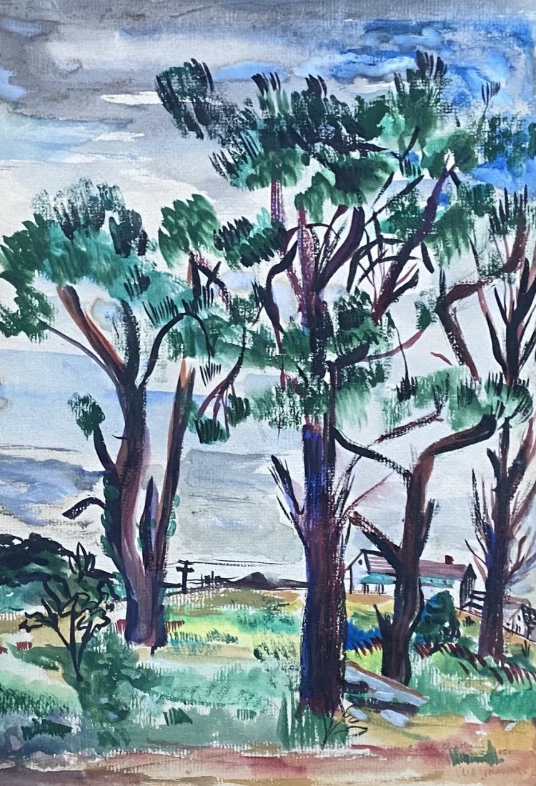 WPA Style Watercolor, Landscape: Watercolor on paper 21 x 17 in. (framed)