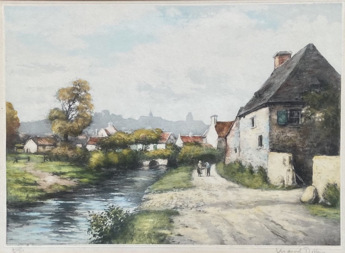 MANUEL ROBBE, "Farm On The Banks Of The River": Pencil signed etching. 19 1/2 x 14 in. (plate), 28 x 24 in. (framed).A Paris-born painter and printmaker, Manuel Robbe was noted for his experimental approach to printmaking, and during his career cre
