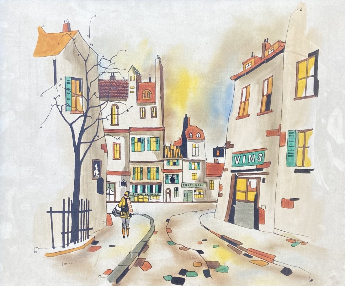 GEORGES DAMIN (b. 1944, French) Paris Street Scene: Modernist oil on canvas 24 x 20 in.